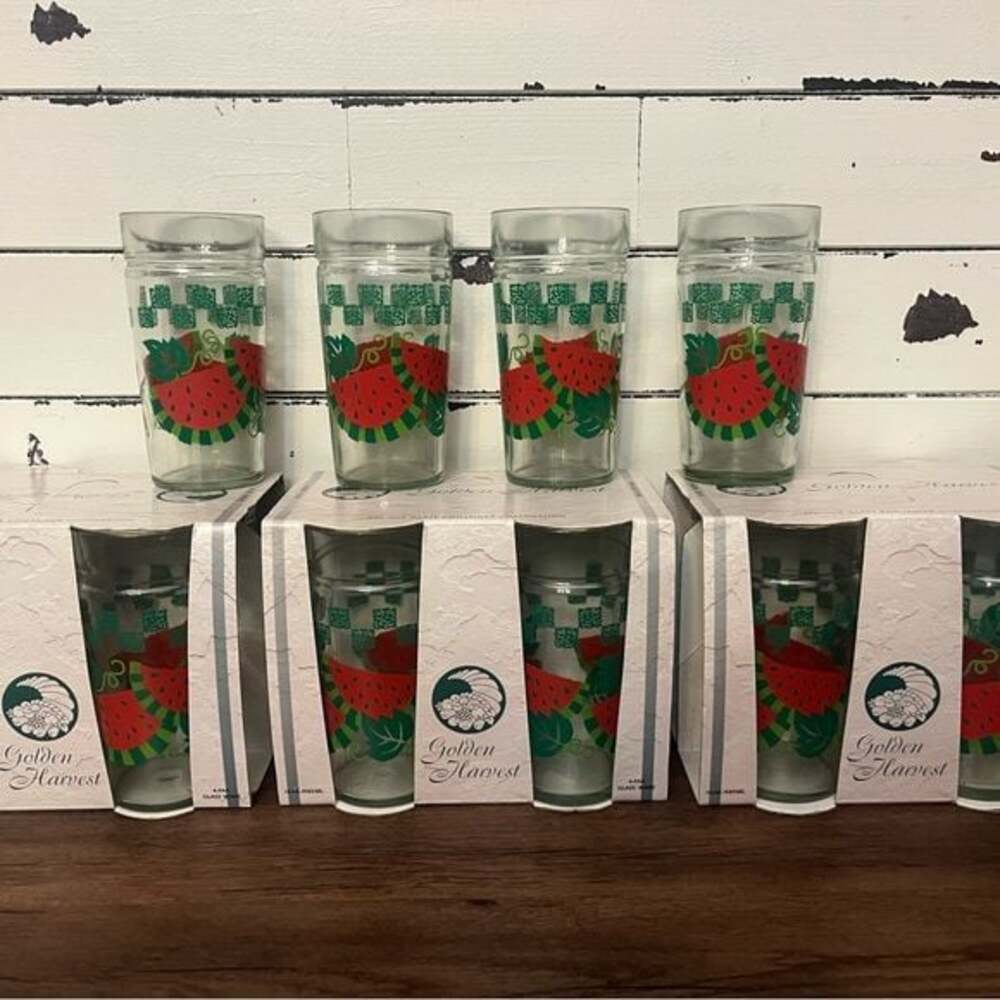 Set of 16 Vintage Anchor Hocking Golden Harvest Glass Tumblers-Watermelon Design - Picture 1 of 4